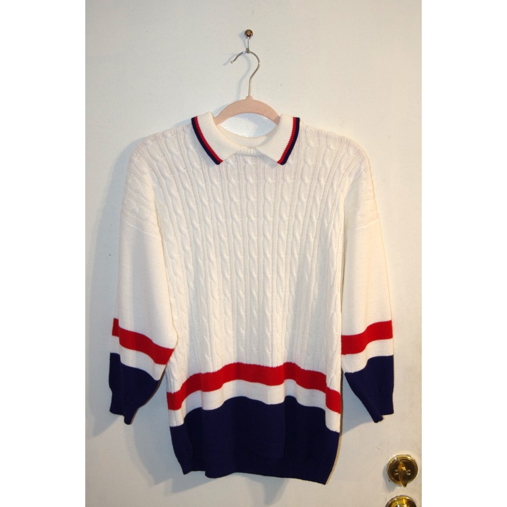 Vintage 90s Preppy‎ Old Money Cable Knit Sweater EUC Koret Red White Blue L